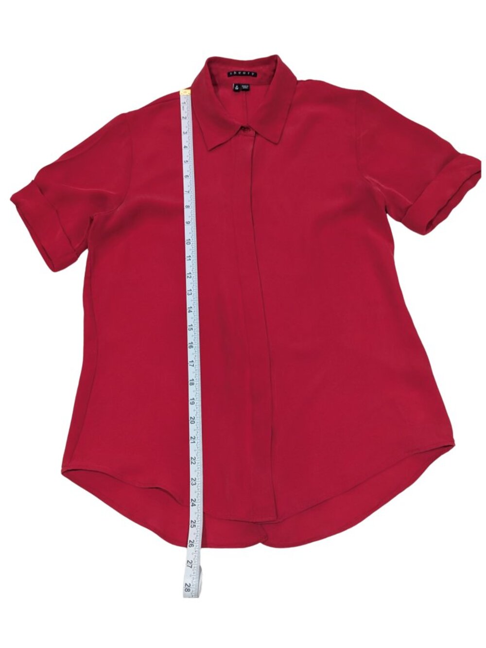 Theory Red 100% Silk Button Front Blouse Petite Short Sleeve - Picture 7 of 7